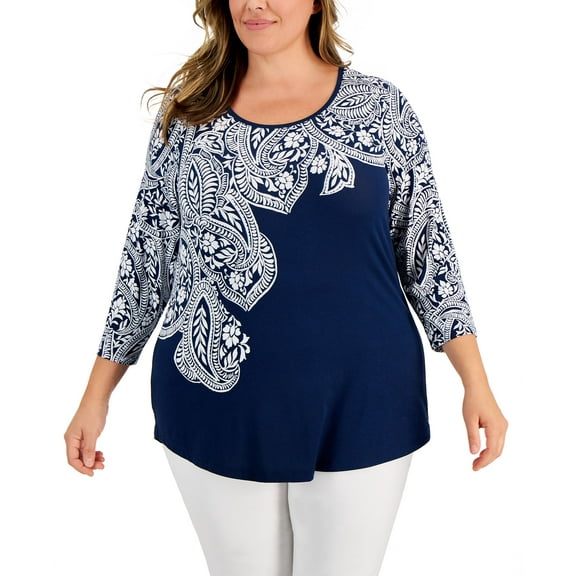 JM Collection Plus Size Lucia Paisley 3/4 Sleeve Top Intrepid Combo 2X