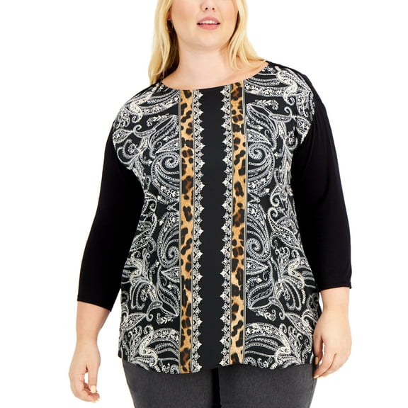 JM Collection Plus Size Mixed Print Top Deep Black Combo 3X