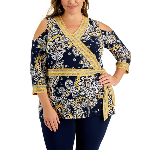 JM Collection Plus Size Nancy Paisley Print Wrap Top Intrepid Combo 2X