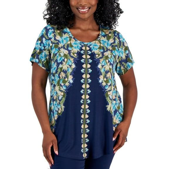 JM Collection Plus Size Oaklyn Ornate Print Short-Sleeve Top Women's Plus Size 0X