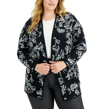 JM Collection Plus Size Open Front Cardigan Deep Black Combo 0X