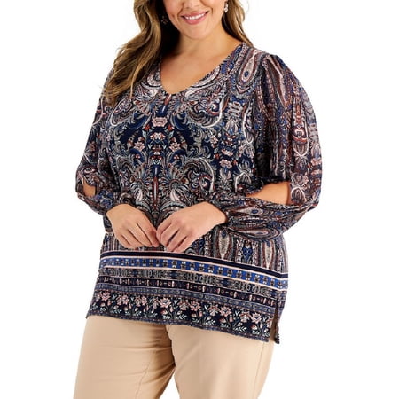 JM Collection Plus Size Paisley Print Split Sleeve Top Intrepid Blue Combo 3X