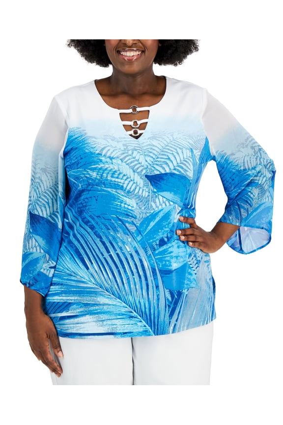 Plus Size Palm Print Chiffon Sleeve Tunic Seafoam Combo 1X