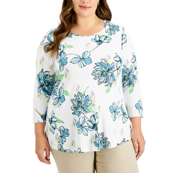 JM Collection Plus Size Printed 3/4 Sleeve Top Bright White Combo 0X