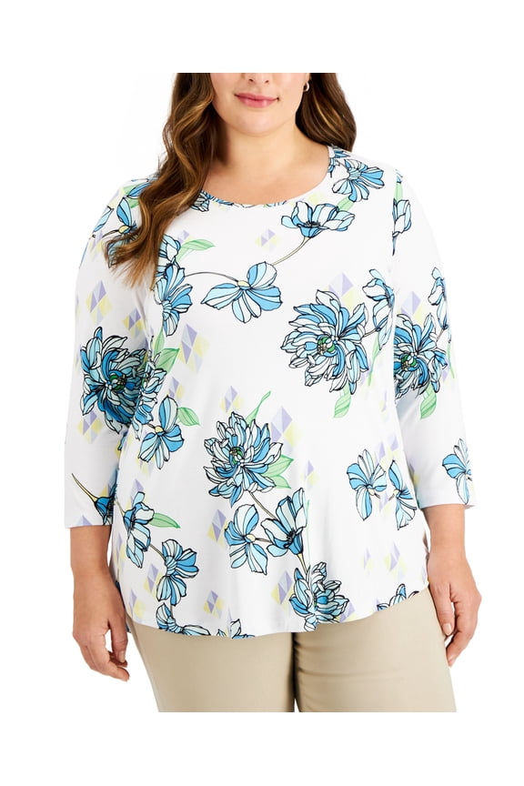Plus Size Printed 3/4 Sleeve Top Bright White Combo 0X