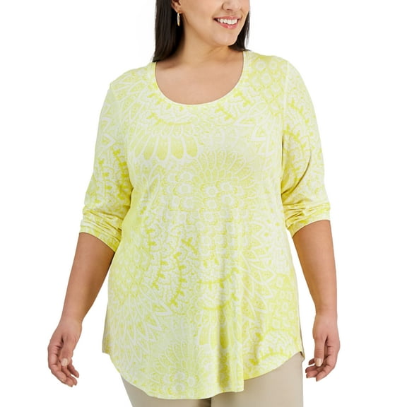 JM Collection Plus Size Printed 3/4 Sleeve Top Bright White Combo 3X