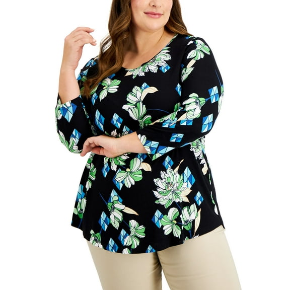 JM Collection Plus Size Printed 3/4 Sleeve Top Deep Black 3X