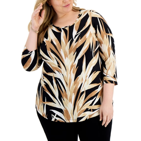JM Collection Plus Size Printed 3/4 Sleeve Top Deep Black Combo 3X