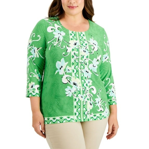JM Collection Plus Size Printed 3/4 Sleeve Top Green Emerald Combo 0X
