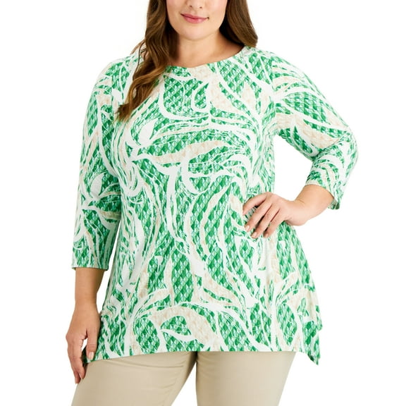 JM Collection Plus Size Printed 3/4 Sleeve Top Green Emerald Combo 0X