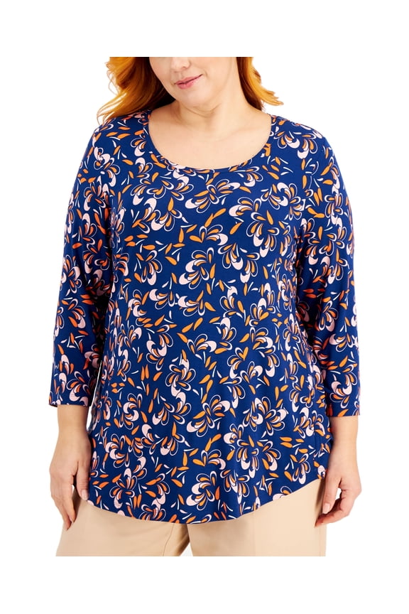 Plus Size Printed 3/4 Sleeve Top Navy Peony Combo 3X