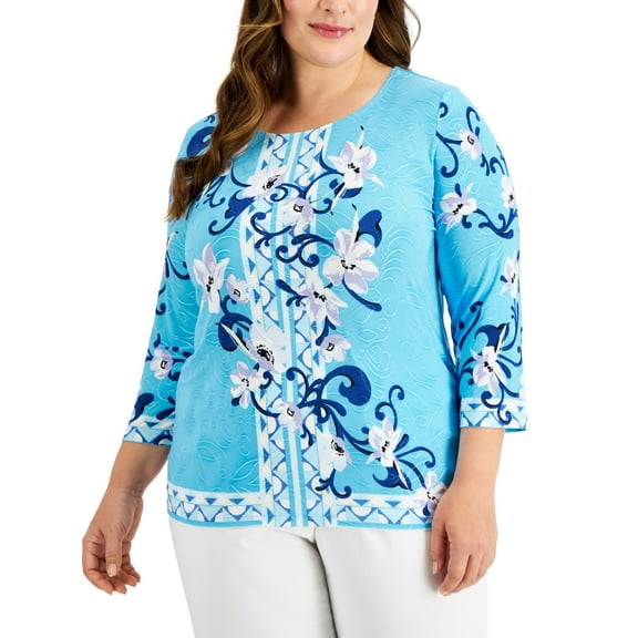 JM Collection Plus Size Printed 3/4 Sleeve Top Ocean Turquoise Combo 0X