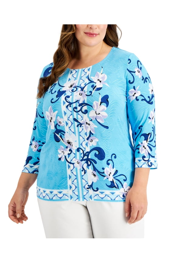 Plus Size Printed 3/4 Sleeve Top Ocean Turquoise Combo 0X