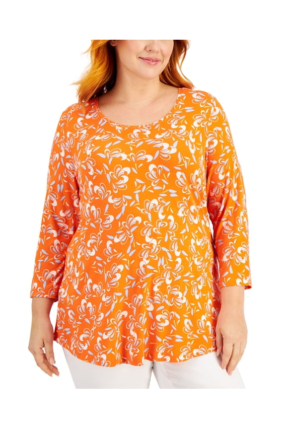 Plus Size Printed 3/4 Sleeve Top Orange Glaze Combo 0X