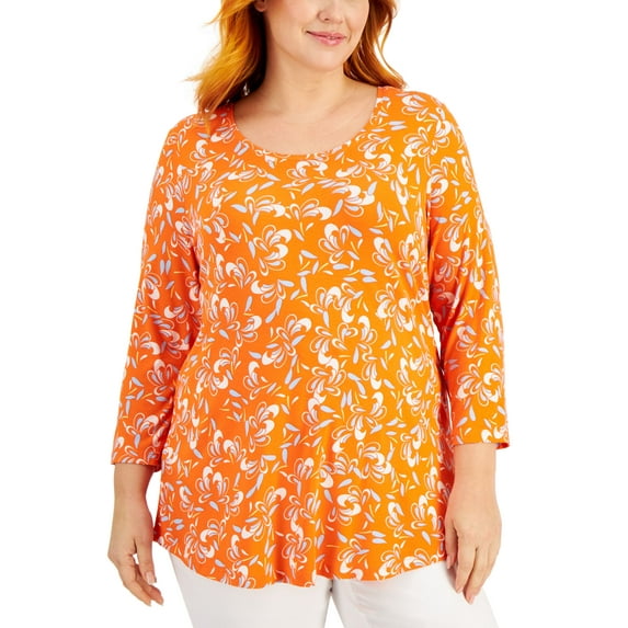 JM Collection Plus Size Printed 3/4 Sleeve Top Orange Glaze Combo 2X