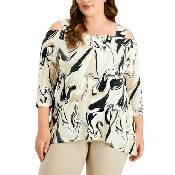 JM Collection Plus Size Printed 3/4 Sleeve Top Stone Combo 0X