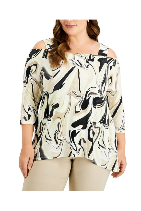 Plus Size Printed 3/4 Sleeve Top Stone Combo 2X