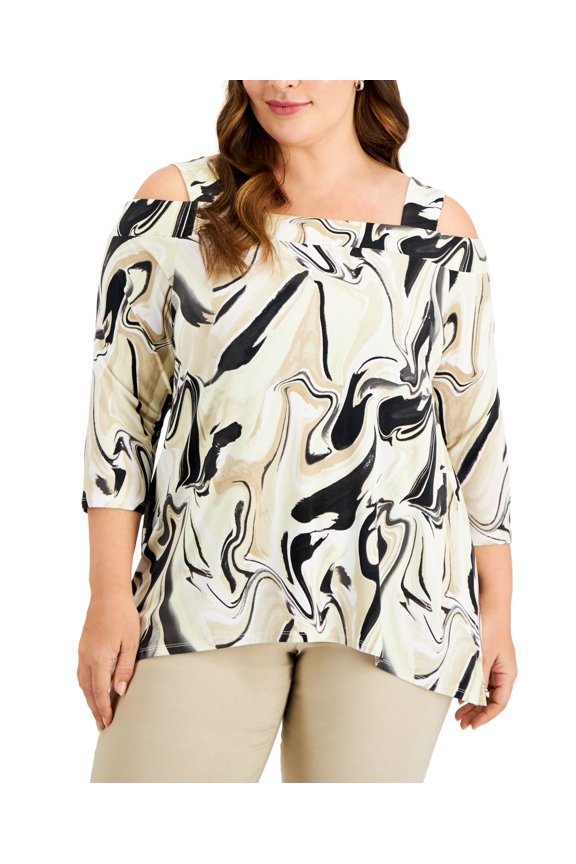 Plus Size Printed 3/4 Sleeve Top Stone Combo 4X