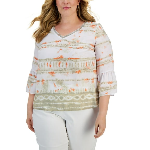 JM Collection Plus Size Printed Bell Sleeve Top Stone Combo 0X