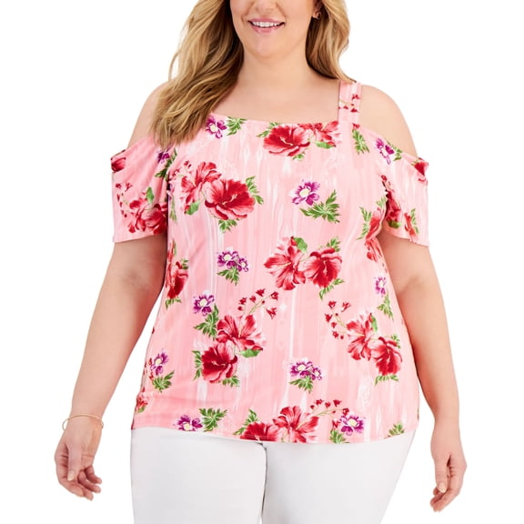 JM Collection Plus Size Printed Cold Shoulder Top Cherry Flame Combo 1X