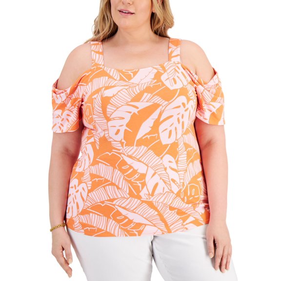JM Collection Plus Size Printed Cold-Shoulder Top Clementine Orange Combo 0X