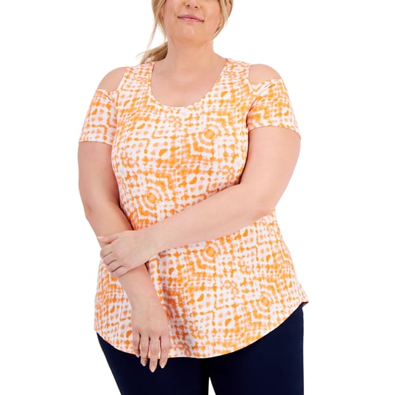 JM Collection Plus Size Printed Cold-Shoulder Top Clementine Orange Combo 2X
