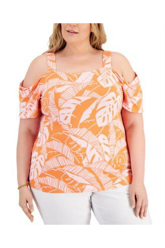 Plus Size Printed Cold-Shoulder Top Clementine Orange Combo 4X
