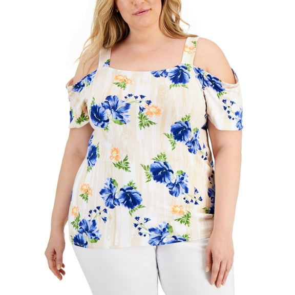 JM Collection Plus Size Printed Cold Shoulder Top Deep Cobalt Combo 3X