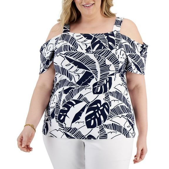 JM Collection Plus Size Printed Cold-Shoulder Top Intrepid Blue Combo 3X