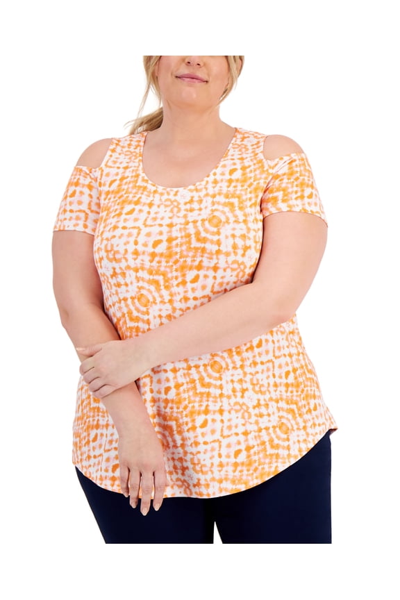 Plus Size Printed Cold-Shoulder Top Orange Combo 4X