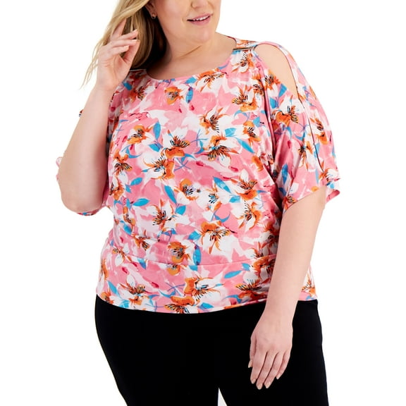 JM Collection Plus Size Printed Cold Shoulder Top Pink Gem Combo 2X