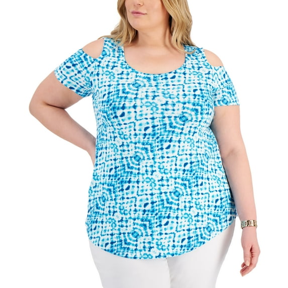 JM Collection Plus Size Printed Cold-Shoulder Top Seafoam Blue Combo 1X