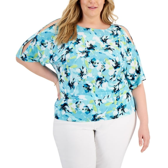 JM Collection Plus Size Printed Cold Shoulder Top Seafoam Blue Combo 2X