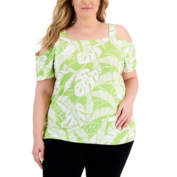JM Collection Plus Size Printed Cold-Shoulder Top Spring Lime Combo 2X