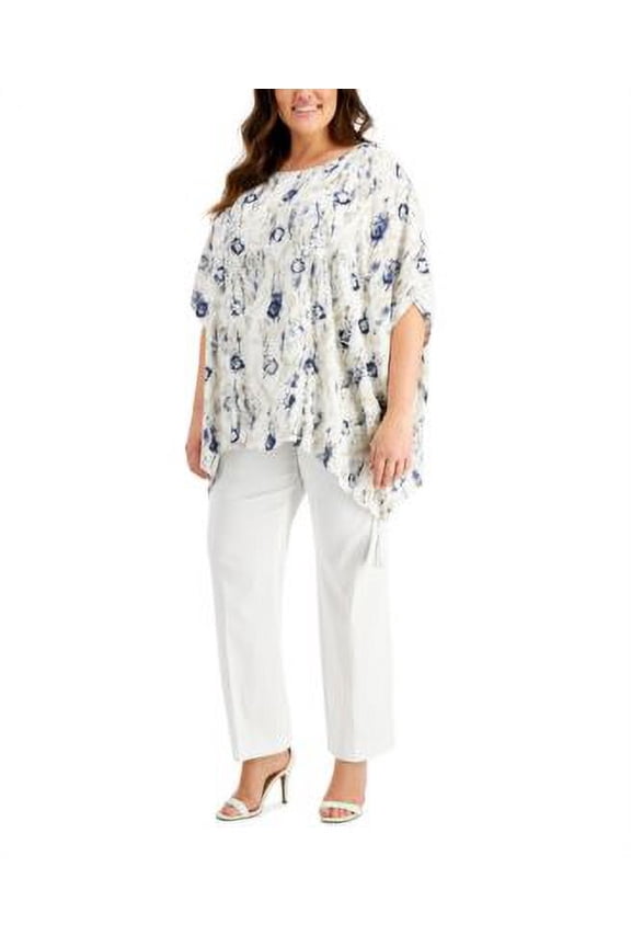 Plus Size Printed Gauze Poncho Top Intrepid Blue 2X