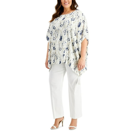 JM Collection Plus Size Printed Gauze Poncho Top Intrepid Blue 4X