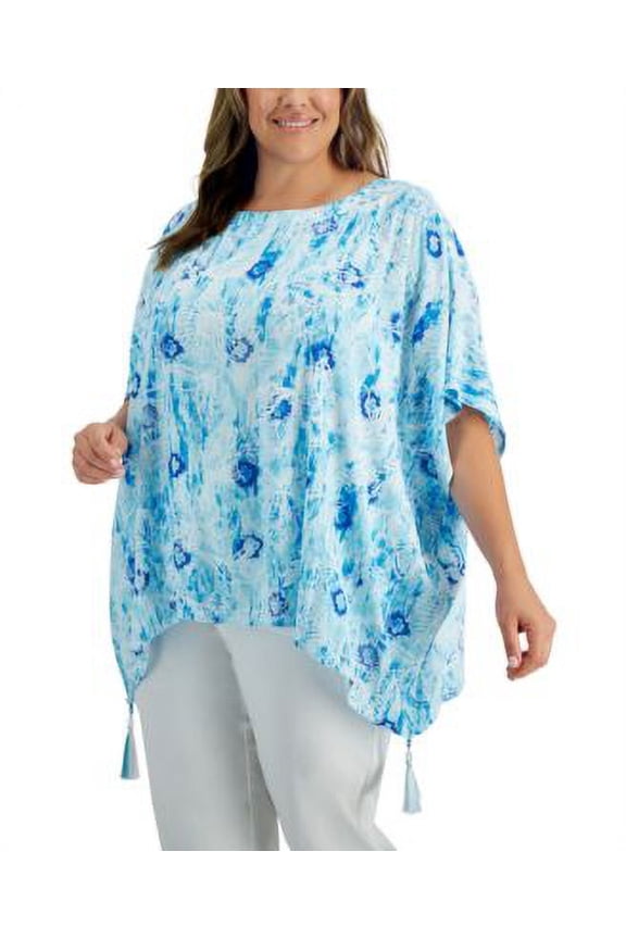 Plus Size Printed Gauze Poncho Top Seaform Blue 2X