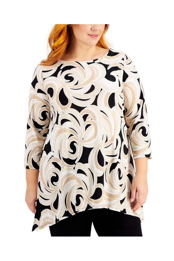 Plus Size Printed Jacquard Handkerchief Hem Top Deep Black Combo 0X