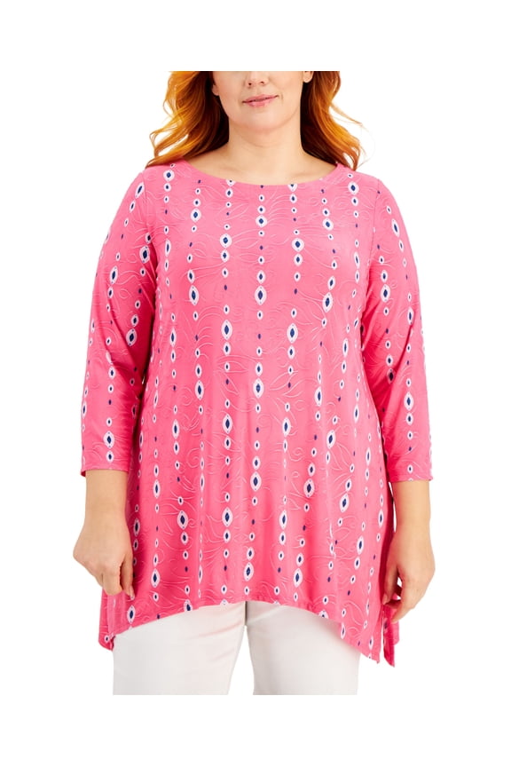 Plus Size Printed Jacquard Handkerchief Hem Top Fushia Purple Combo 1X