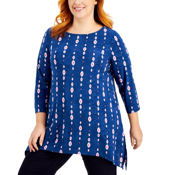 JM Collection Plus Size Printed Jacquard Handkerchief Hem Top Navy Peony Combo 3X
