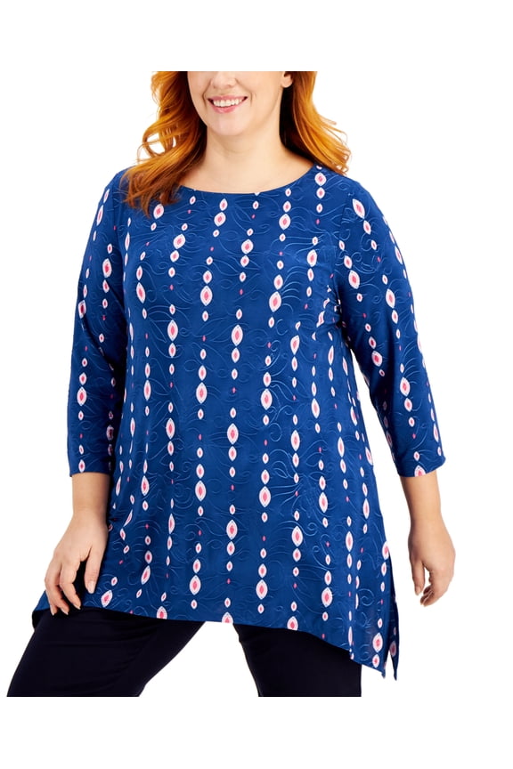 Plus Size Printed Jacquard Handkerchief Hem Top Navy Peony Combo 3X