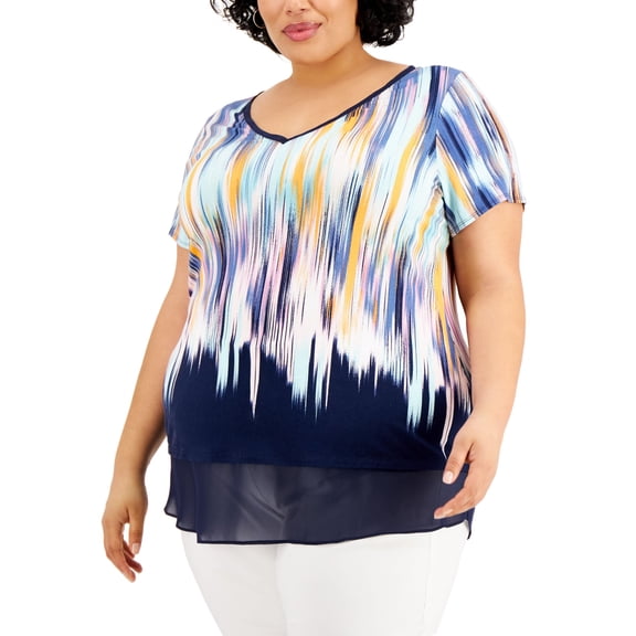 JM Collection Plus Size Printed Layered Hem Top Intrepid Blue Combo 0X