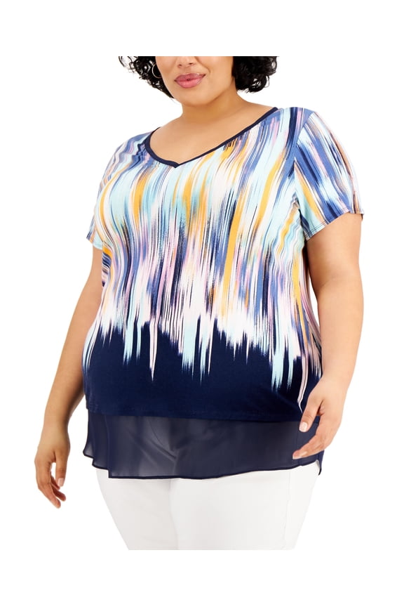 Plus Size Printed Layered Hem Top Intrepid Blue Combo 0X