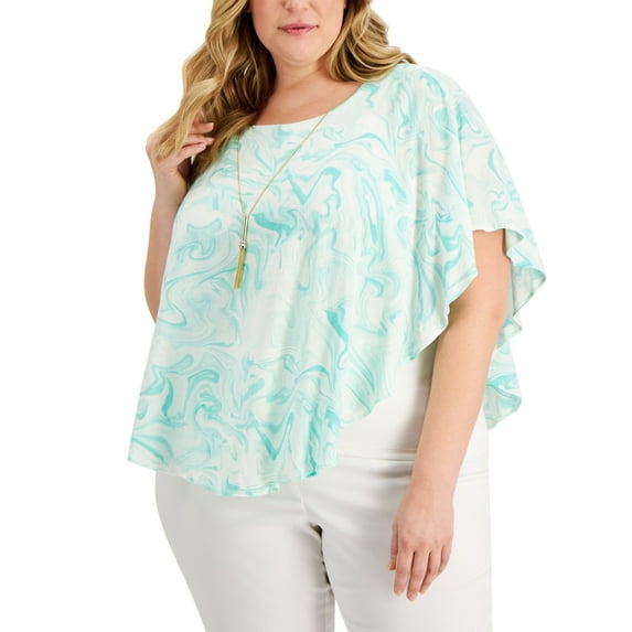 JM Collection Plus Size Printed Necklace Poncho Top Beveled Glass 2X