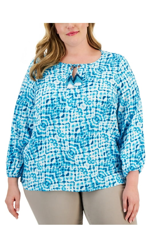 Plus Size Printed Peasant Top Blue Combo 1X