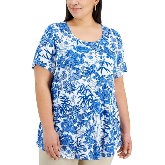 JM Collection Plus Size Printed Short Sleeve Top Blue Isle Combo 3X