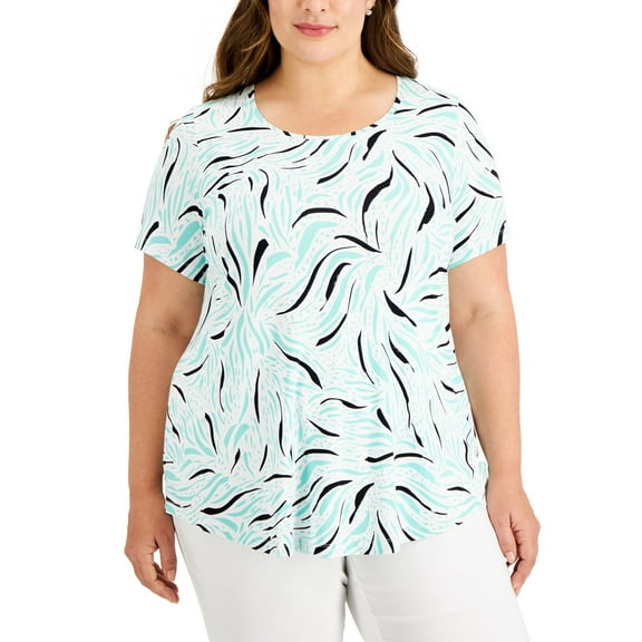 JM Collection Plus Size Printed Short Sleeve Top Bright White Combo 3X