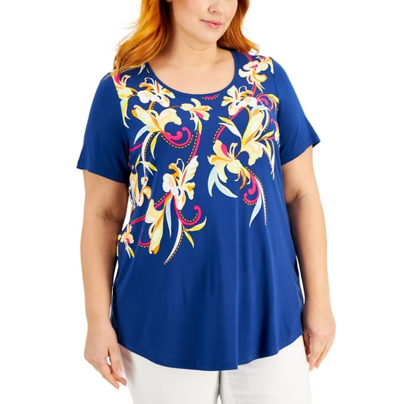 JM Collection Plus Size Printed Top Navy Peony Combo 1X