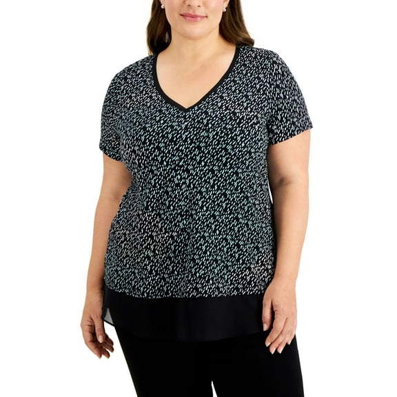 JM Collection Plus Size Printed V Neck Top Deep Black 4X
