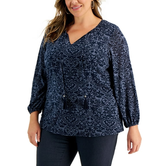 JM Collection Plus Size Printed V Neck Top Intrepid Blue 2X